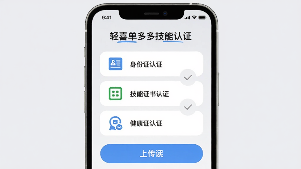 轻喜单多多技能认证页面,手机屏幕显示认证项目和上传按钮,包含身份证认证、技能证书认证、健康证认证等选项,界面设计简洁,图标明确,背景为浅灰色,突出认证流程的便捷性,画质清晰,无多余装饰