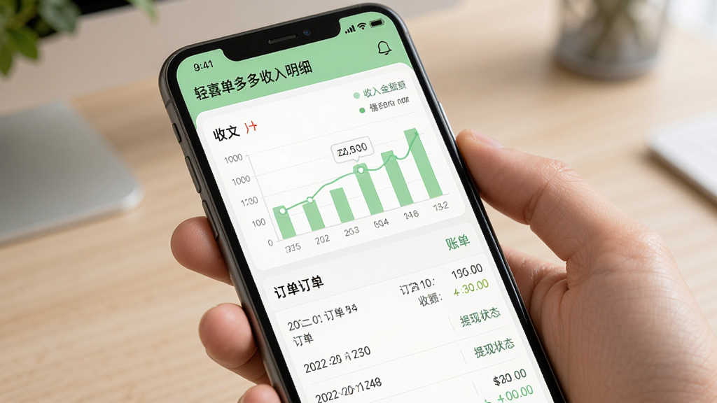 轻喜单多多收入明细页面展示,手机屏幕中显示收入统计图表和账单列表,包含日期、订单编号、收入金额和提现状态,界面配色以白色和浅绿色为主,图表简洁直观,数据清晰易读,整体风格专业干净,画质高清