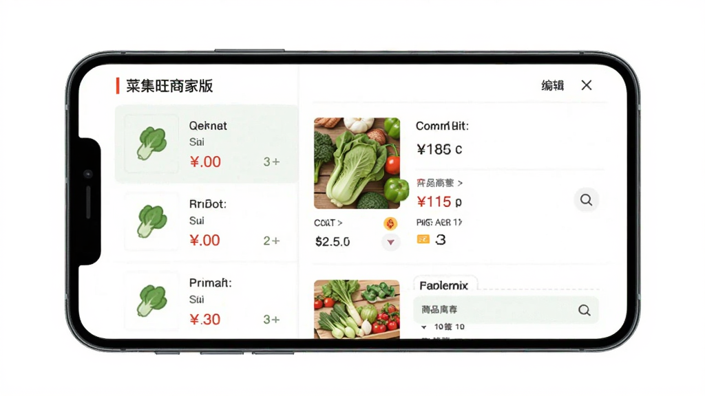 菜集旺商家版商品管理界面,画面主体为手机屏幕展示商品列表和编辑页面,布局采用左侧列表右侧详情的分栏样式,风格为扁平化UI设计,细节包括蔬菜图标、价格标签和库存数字,画质清晰,干净,无多余元素