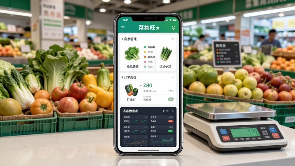 菜集旺商家版应用主界面展示,画面中央是一部智能手机,手机屏幕上显示着商品管理、订单处理和店铺数据看板,背景是整洁明亮的生鲜市场摊位,布局为居中构图,风格为写实科技风,细节包括新鲜的蔬菜水果和电子秤,画质清晰,干净,无多余元素