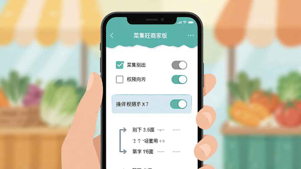 菜集旺商家版手机端操作教程示意图,画面主体为手持手机展示设置向导页面,布局为居中特写,风格为清新扁平插画风,细节包括勾选框、权限开关和步骤指示,画质清晰,干净,无多余元素