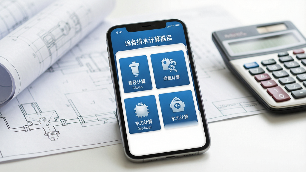 给排水计算器软件主界面展示,画面中央放置一部智能手机,屏幕显示给排水计算器应用界面,包含管径计算、流量计算、水力计算等模块图标,界面采用蓝色工程风格,背景为简洁的办公桌面,桌上放有工程图纸和计算器,光线明亮柔和,整体布局清晰,风格写实简洁,细节表现手机屏幕内容与桌面物品,画质高清,画面干净,无多余元素