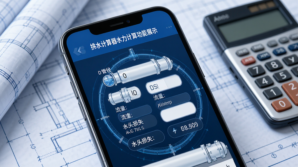 给排水计算器水力计算功能展示,手机屏幕显示圆形管道水力计算界面,包含管径、流量、流速、水头损失等输入框和结果数据,画面以手机为主体,背景为工程蓝图和计算器,蓝色科技风格,排版清晰,细节表现数据界面,画质高清,干净简洁