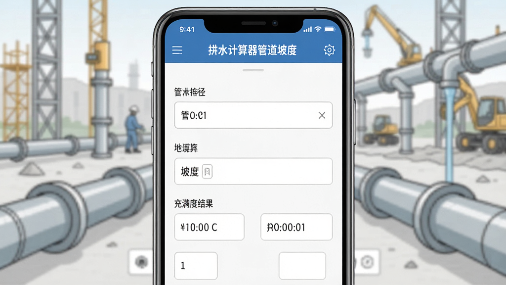 给排水计算器管道坡度计算界面展示,手机屏幕显示排水管道坡度与充满度计算页面,包含管径选择、坡度输入、充满度结果等数据,背景为施工现场管道示意,风格简洁实用,排版整齐,细节表现界面数据,画质高清,画面干净