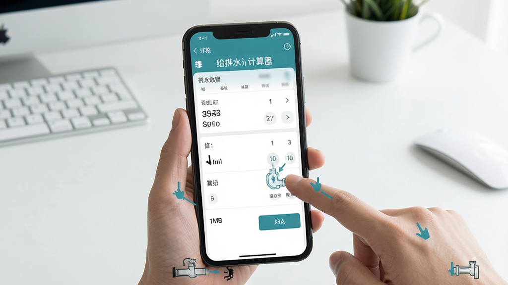 给排水计算器使用教程示意,手机屏幕显示给排水计算器计算步骤界面,旁边有手指点击操作示意,背景为简洁办公桌面,风格清新,布局清晰,细节表现操作手势与界面,画质高清,干净整洁