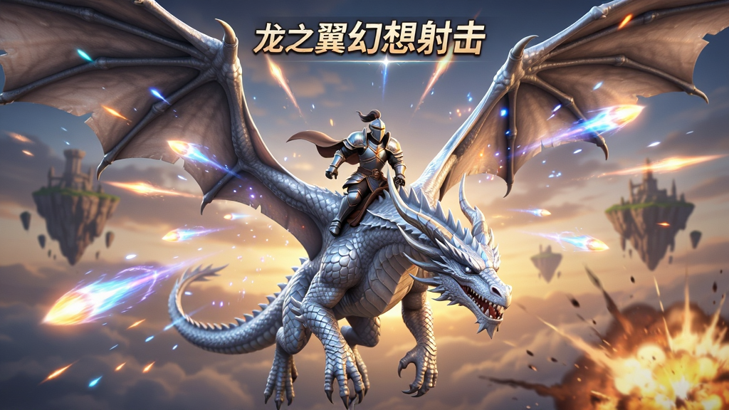 画面中央一条巨大的银白色巨龙展开双翼,龙骑士身穿铠甲立于龙背之上,四周环绕着魔法弹幕与爆炸火光,背景是黄昏时分的奇幻天空与漂浮岛屿,画面采用竖版手机游戏宣传图布局,风格为3D奇幻CG,细节包含龙鳞反光、能量粒子、动态光效,画质高清,干净,无多余元素,画面中带有文字“龙之翼幻想射击”