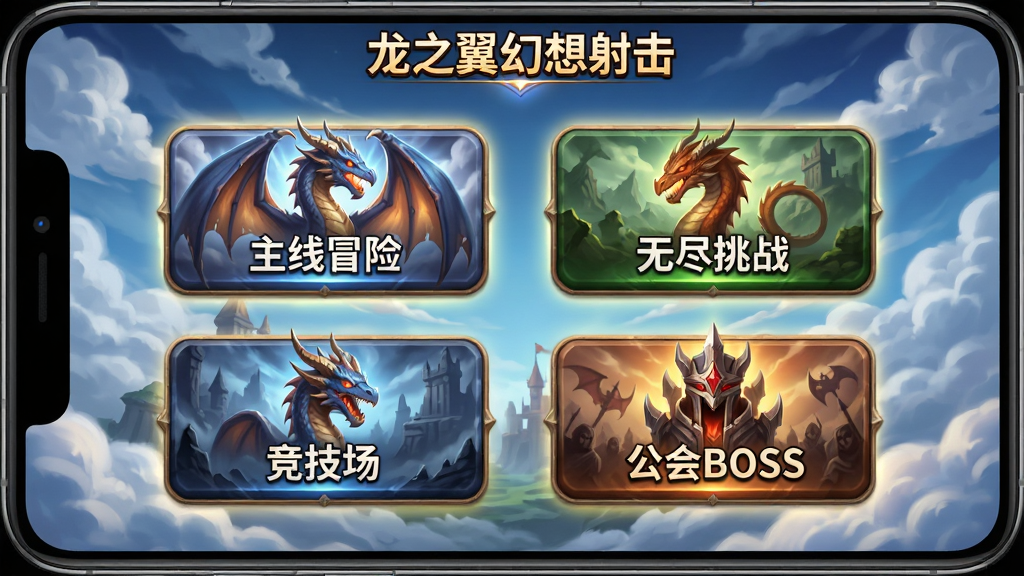 画面展示一个手机游戏模式选择界面,屏幕中有四个大型按钮分别标注“主线冒险”“无尽挑战”“竞技场”“公会BOSS”,每个按钮配有对应的龙形图标与背景插画,界面风格为奇幻冒险风,布局为竖版居中排列,细节包含按钮立体感、图标光效、背景云层,画质高清,干净,无多余元素,画面中带有文字“龙之翼幻想射击”
