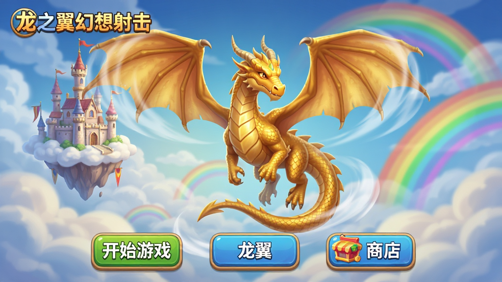 画面为手机游戏主界面,一条金色巨龙在屏幕中央盘旋,背景是漂浮在云端的城堡与彩虹,界面下方有“开始游戏”“龙翼”“商店”等按钮,风格为3D奇幻卡通渲染,细节包含龙翼扇动的气流、云层透光、UI图标,画质高清,干净,无多余元素,画面中带有文字“龙之翼幻想射击”