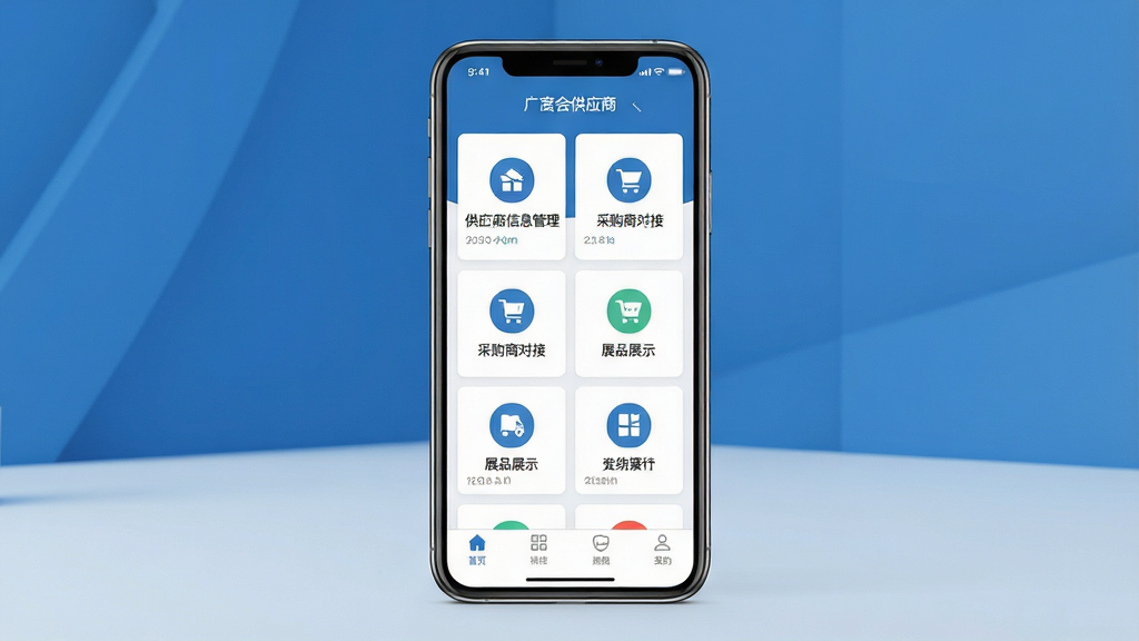 一幅展现广交会供应商App核心功能的手机界面预览图,画面中央是一部现代智能手机,屏幕显示广交会供应商应用主页,包含供应商信息管理、采购商对接、展品展示等模块图标,背景是简洁的商务蓝色调,布局为居中手机展示,排版清晰有序,风格为现代扁平化商务设计,细节包括屏幕内的卡片式布局和底部导航栏,画质高清干净,无多余元素。