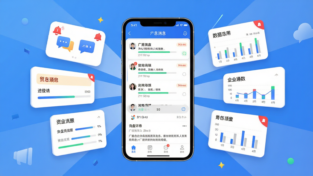 一幅展现广交会供应商App消息通知与贸易跟进功能的图片,画面中央是手机屏幕显示消息列表和询盘详情,周围环绕着通知图标和数据统计小卡片,布局为居中发散式,排版活泼有序,风格为商务轻快风,细节包括红色未读角标、进度条和图表元素,画质高清干净,无多余元素。