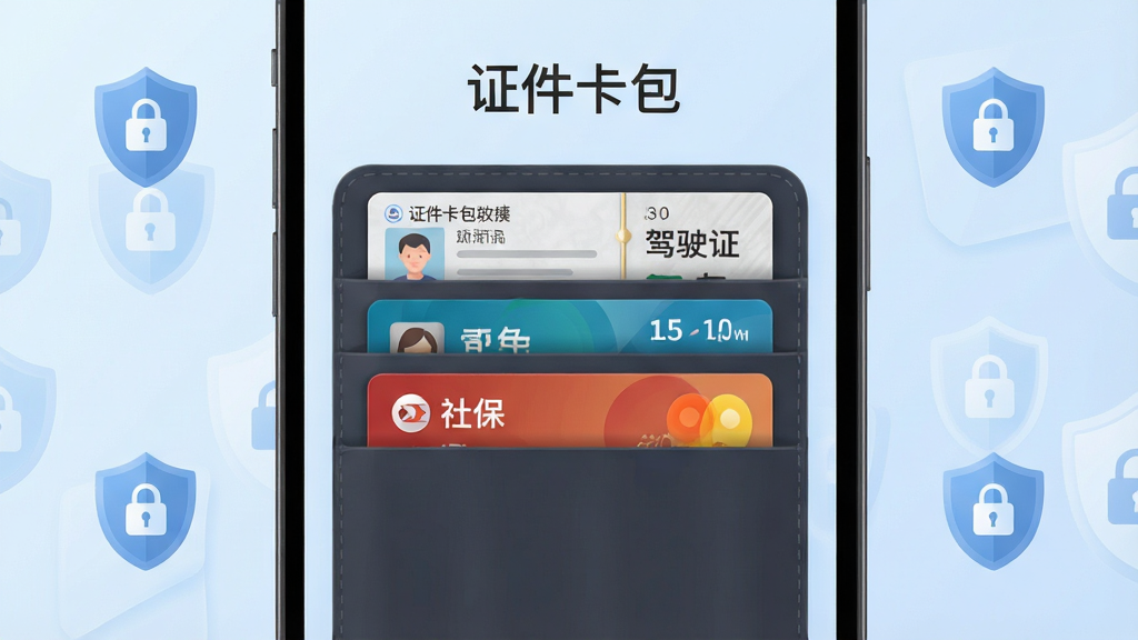 手机屏幕中央展示一个打开的卡包界面,卡包内整齐排列着身份证、驾驶证、社保卡等卡片,背景是柔和的浅蓝色渐变,四周有盾牌和锁的图标象征安全保护,整体布局简洁清晰,风格为现代扁平化设计,细节上卡片有轻微立体阴影,画质高清干净,无多余元素,画面中标注文字“证件卡包”