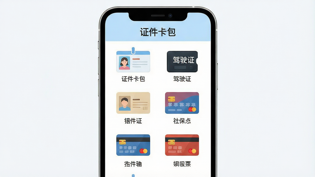 一个虚拟的手机应用界面,顶部标题为“证件卡包”,下方以网格形式排列着身份证、驾驶证、社保卡、银行卡等证件图标,每个图标下方有对应的文字标签,界面配色为白色和淡蓝色,风格为清新的扁平化UI设计,布局整齐对称,画质高清干净,无杂乱元素,画面中文字标注“证件卡包”