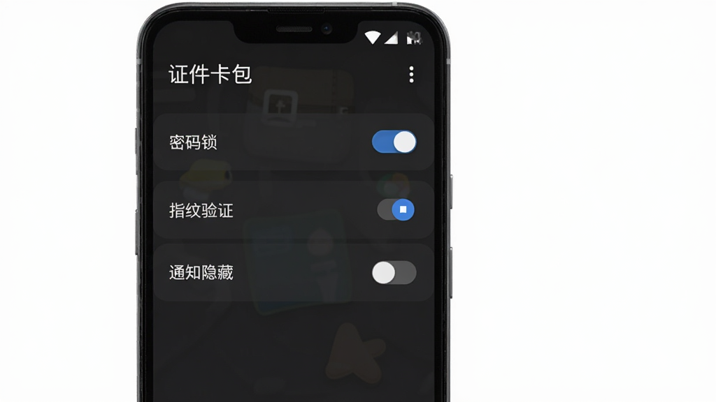 一部安卓手机屏幕显示“证件卡包”应用的安全设置界面,界面中有密码锁开关、指纹验证选项和通知隐藏开关,背景为深灰色护眼模式,风格为简洁的暗色系UI设计,布局从上到下依次排列设置项,画质高清干净,无多余元素,画面中文字标注“证件卡包”