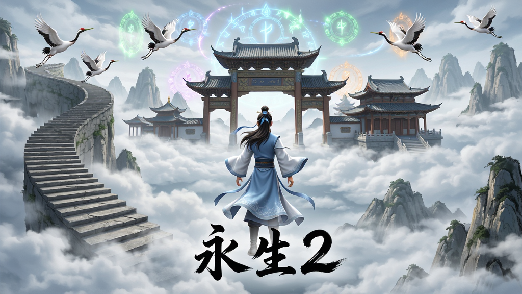 一幅东方仙侠风格的竖版游戏宣传图,画面中央是一位身着青白色道袍的年轻修士背影,脚踏云海,前方是悬浮于云端的巨大山门与宫殿群,画面左侧有一条蜿蜒石阶直通天际,天空中有仙鹤飞翔与流光溢彩的法阵,整体布局为上中下三层结构,主体居中,背景层峦叠嶂,风格为古风水墨与写实3D渲染结合,细节包括修士衣袂飘动、云气缭绕、宫殿飞檐斗拱、法阵符文闪烁,画质高清,干净,无多余元素,画面中下部有