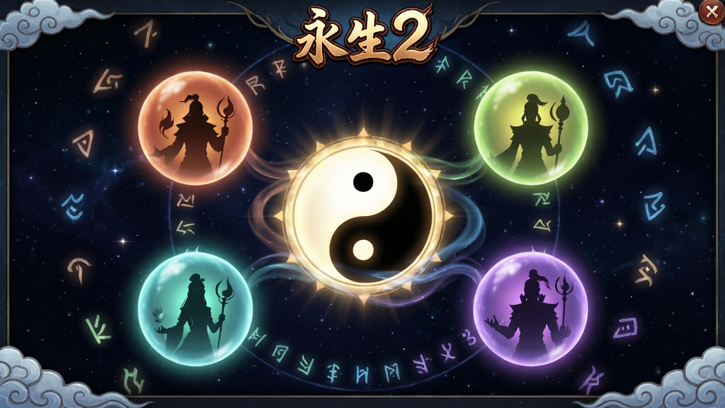 一幅游戏界面截图风格的图片,画面展示轮回转世界面,中央是一个发光的太极图案,周围环绕着六个不同颜色的光球代表六道轮回,每个光球内隐约可见不同的人物剪影,背景是深邃的星空与漂浮的符文,布局为居中对称式,风格为玄幻游戏UI风格,细节包括光晕渐变、符文流动、界面边框有云纹装饰,画面顶部有