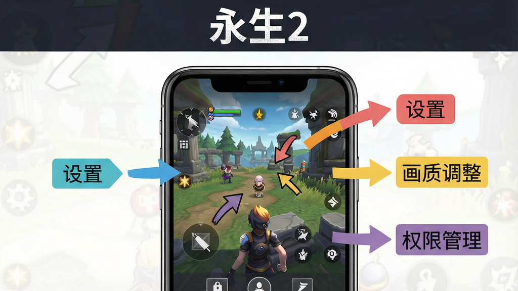一幅手机游戏操作指引风格的图片,画面展示一部智能手机屏幕,屏幕上显示永生2的游戏界面,界面中有箭头标注和文字说明