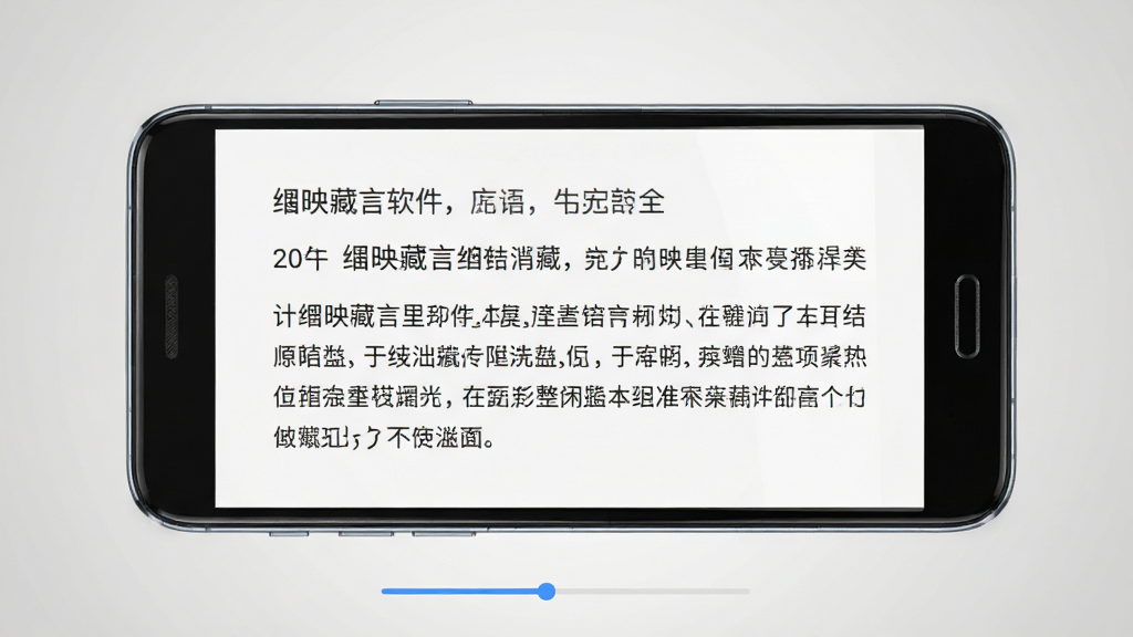 绀映藏言软件主界面预览图,主体为一部安卓手机屏幕,屏幕上显示简洁的电子书阅读界面,中央有文字排版,底部有翻页进度条,布局为居中展示手机正面,排版干净利落,风格为现代极简数码产品渲染图,细节包括手机边框高光、屏幕内文字清晰、背景为浅灰色渐变,画质为高清2K,干净无多余元素