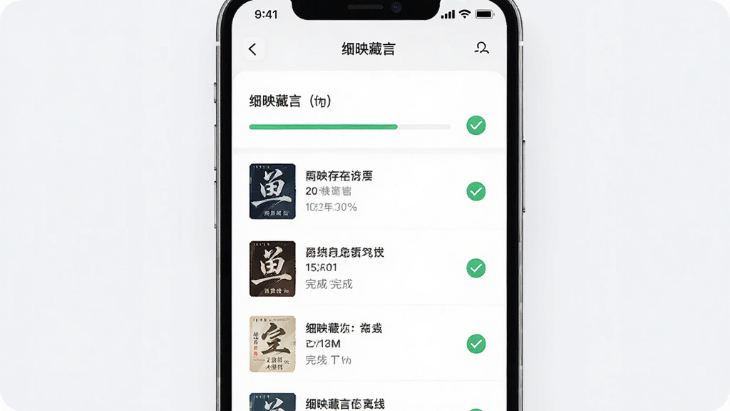 绀映藏言离线缓存功能示意图,主体为手机屏幕显示下载管理列表,布局为垂直列表展示已缓存书籍,排版清晰,风格为浅色系商务简约风,细节包括进度条、已完成勾选图标、书籍封面缩略图,画质高清,干净无多余元素,界面中可见