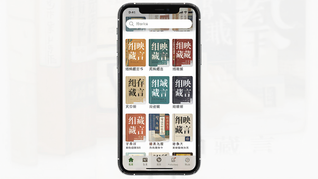 绀映藏言书城界面展示图,主体为手机屏幕显示电子书分类书架,布局为网格状书籍封面排列,排版整齐,风格为清新扁平化UI设计,细节包括书籍封面色彩丰富、顶部有搜索栏、底部有导航栏,画质高清,干净无多余元素,屏幕上可见