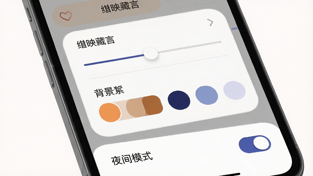 绀映藏言阅读设置面板图,主体为手机屏幕弹出设置菜单,布局为侧边栏或底部弹窗,排版为选项列表形式,风格为柔和圆角设计,细节包括字体调节滑块、背景色块选择、夜间模式开关,画质高清,干净无多余元素,界面中可见