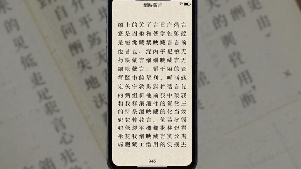绀映藏言无广告阅读界面图,主体为手机屏幕显示全屏文字阅读页,布局为纯文字排版,排版疏朗,风格为极简纸质书模拟风,细节包括米黄色背景、黑色宋体文字、右上角电池时间图标、底部页码,画质高清,干净无多余元素,页面顶部可见