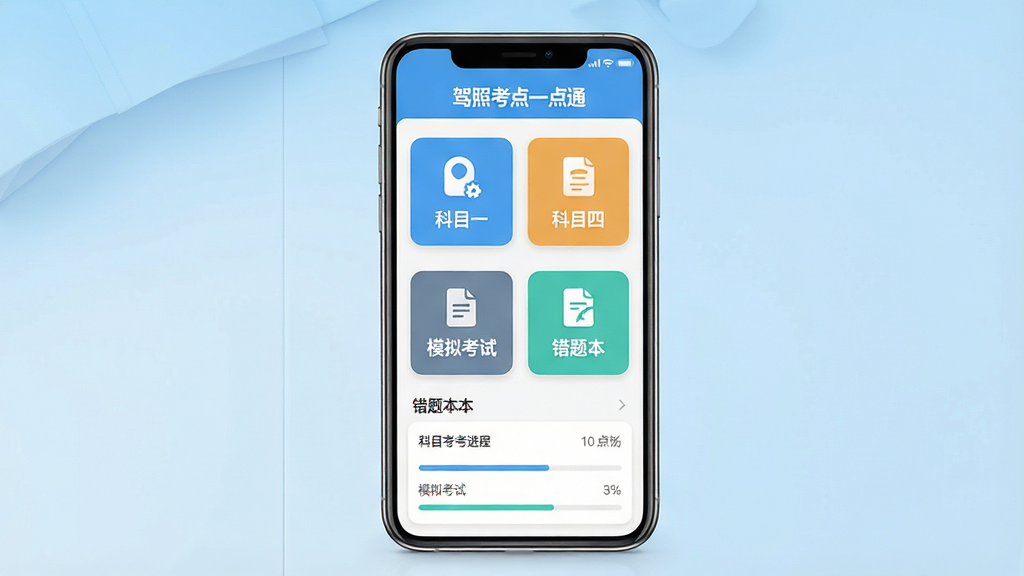一张展示驾照考点一点通软件主界面的手机截图风格图片,画面中央是一部竖屏智能手机,手机屏幕上显示驾考刷题应用首页,包含科目一、科目四、模拟考试、错题本等图标按钮,顶部有“驾照考点一点通”文字标题,背景为浅蓝色渐变干净桌面,整体布局简洁清晰,风格为扁平化UI设计,细节包含题目卡片与进度条,画质高清干净无多余元素