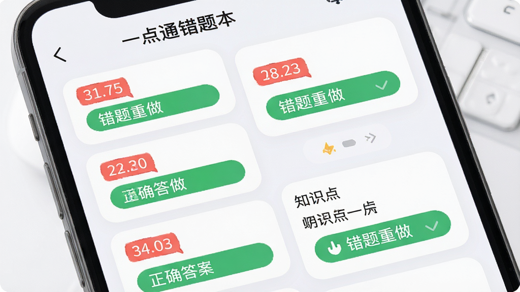 一张展示驾照考点一点通错题本功能的图片,画面主体为手机屏幕显示错题列表与解析页面,包含红色标注的错题编号与绿色正确答案提示,布局为卡片式排版,风格为柔和圆角设计,细节有“错题重做”按钮与知识点标签,画质高清干净无多余元素