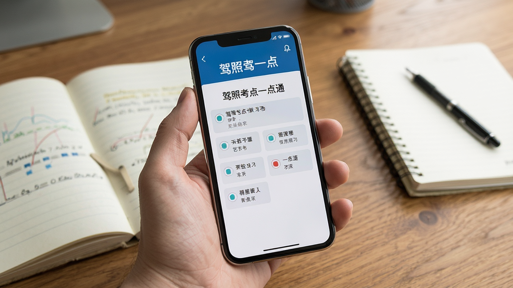 一张展示驾照考点一点通在手机上运行的学习场景图片,画面主体为一只手拿着手机,屏幕显示驾考题目与四个选项,背景为书桌与笔记本,布局为第一人称视角,风格为真实生活摄影风格,细节有手机边缘反光与桌面纹理,画质高清干净无多余元素