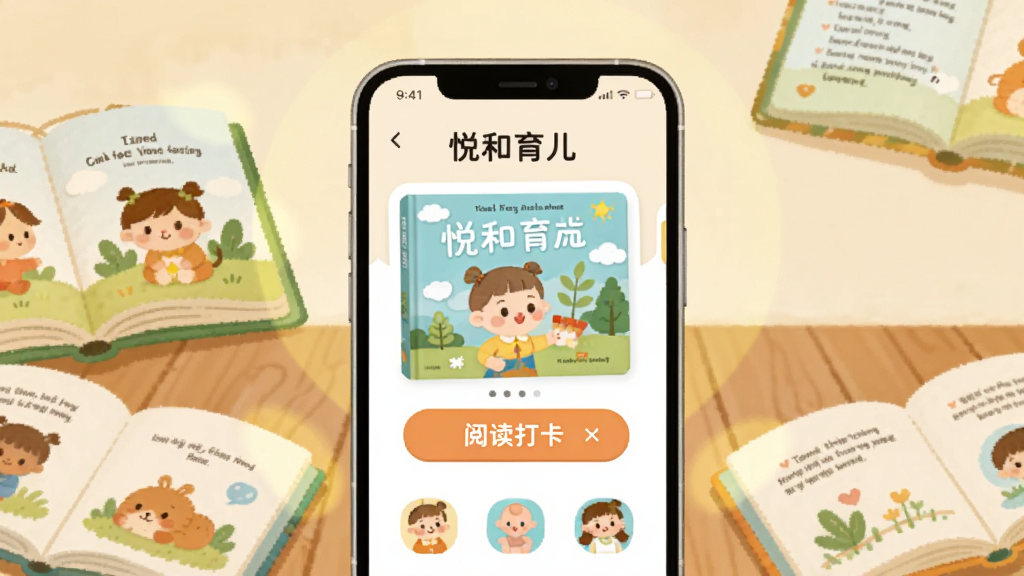 画面中心是一部智能手机,屏幕上显示着悦和育儿APP的首页界面,界面中有绘本封面、阅读打卡按钮和卡通育儿图标,手机周围环绕着几本翻开的儿童绘本和柔和的暖色光晕,背景是浅米色墙面与木质桌面,整体布局采用居中构图,风格为清新扁平插画,细节上突出屏幕内的APP名称“悦和育儿”和圆润的图标设计,画质清晰干净,无多余元素