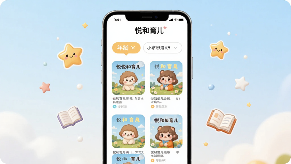 画面中央是一台竖屏手机,屏幕中展示着悦和育儿APP的绘本推荐列表,列表上方有年龄选择标签,下方排列着色彩柔和的绘本封面,手机两侧漂浮着星星和书本的小图标,背景为浅蓝色渐变,布局采用对称式排版,风格为温馨卡通插画,细节上突出界面中的“悦和育儿”文字和圆角卡片设计,画质干净明亮,无多余元素