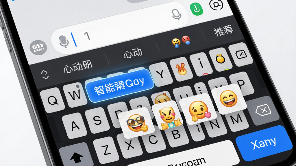 一张展示心动聊天键盘智能联想功能的效果图,主体为手机键盘界面特写,布局上方显示聊天输入框,下方键盘区域弹出联想词条与表情推荐,排版清晰,风格为科技智能感,细节包含高亮选中的联想词、表情包缩略图、发送按钮,画质高清,干净,无多余元素