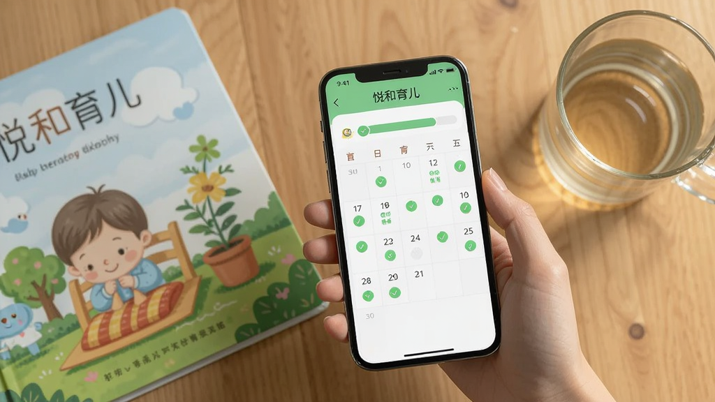 画面中是一只手拿着手机,手机屏幕上显示悦和育儿APP的打卡日历页面,日历上标记了多个已完成的绿色圆点,手机旁边放着一本合上的绘本和一杯温水,背景是原木色桌面,布局采用俯视角度,风格为写实生活摄影感插画,细节上突出屏幕内的“悦和育儿”字样和打卡进度条,画质柔和清晰,无多余元素