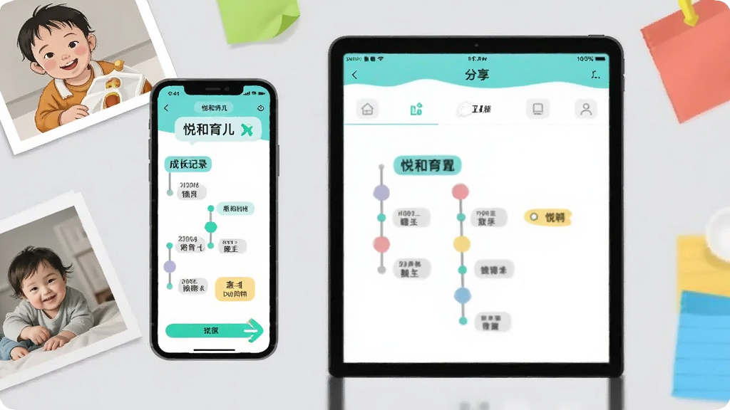 画面中是一台手机和一台平板并排摆放,手机屏幕上显示悦和育儿APP的成长记录时间轴,平板屏幕上显示分享界面,周围散落着几张儿童照片和彩色便签纸,背景为浅灰色桌面,布局采用平铺展示,风格为清新数码插画,细节上突出屏幕内的“悦和育儿”文字和时间轴节点设计,画质清晰整洁,无多余元素