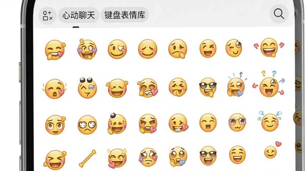 一张展示心动聊天键盘表情库面板的效果图,主体为手机屏幕上的表情选择界面,布局采用多行多列网格展示各类颜文字与动态表情,排版紧凑有序,风格为趣味可爱,细节包含分类标签栏、表情缩略图、搜索放大镜图标,画质高清,干净,无多余元素