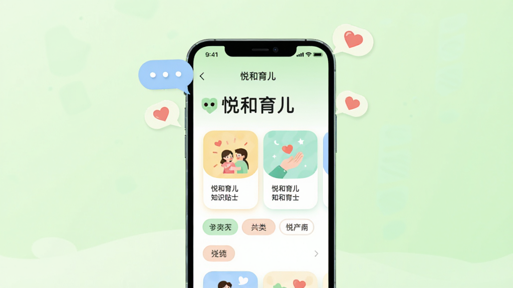画面中央是一部手机,屏幕上显示悦和育儿APP的知识贴士页面,页面中有图文卡片和分类标签,手机上方漂浮着对话气泡和爱心图标,背景为浅绿色渐变,布局采用居中构图,风格为简约扁平插画,细节上突出界面中的“悦和育儿”文字和卡片圆角设计,画质干净清爽,无多余元素