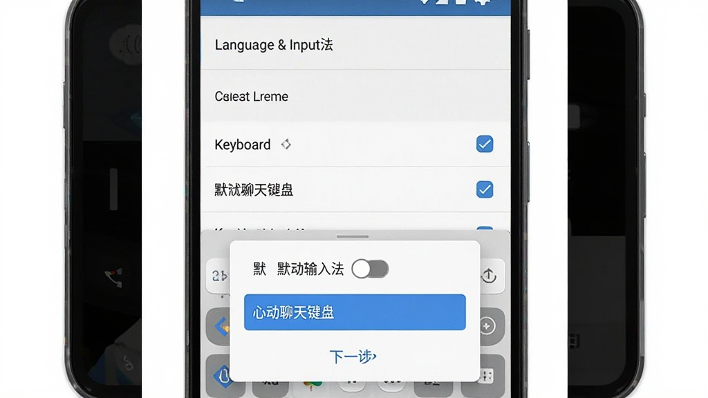 一张展示心动聊天键盘在手机设置中启用步骤的示意图,主体为安卓手机设置界面截图风格,布局从上到下依次显示语言与输入法菜单、键盘勾选列表、默认输入法切换弹窗,排版清晰,风格为简洁教程风,细节包含高亮选中的心动聊天键盘选项、下一步按钮,画质高清,干净,无多余元素