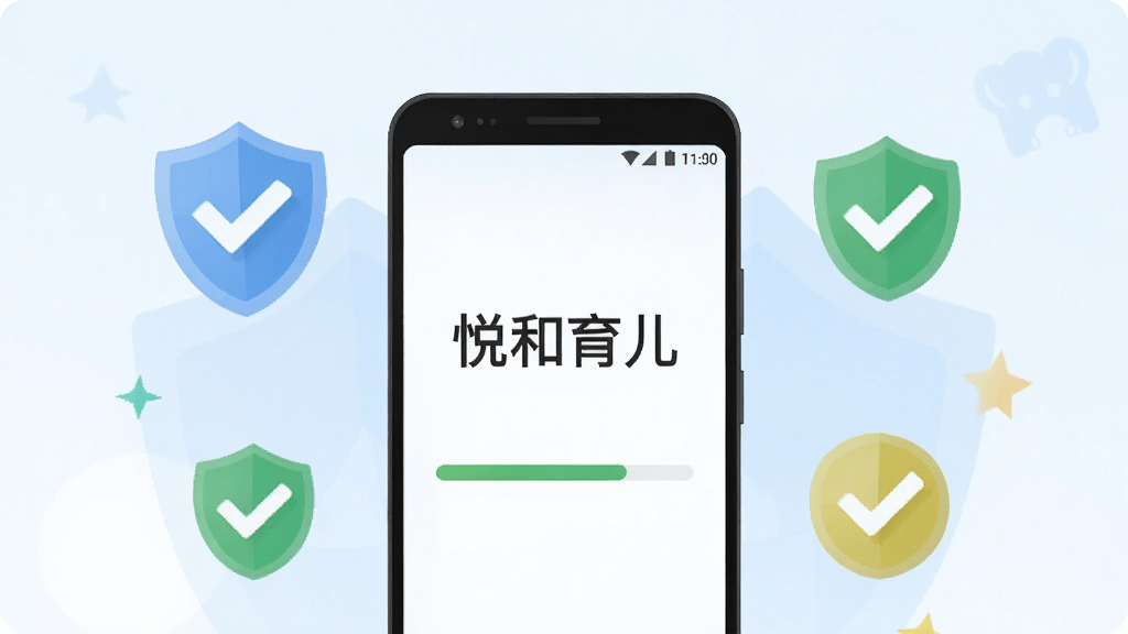 画面中央是一部安卓手机,屏幕上显示悦和育儿APP的安装完成界面,手机周围有盾牌图标和勾选标记,背景为浅蓝色渐变,布局采用居中构图,风格为扁平安全主题插画,细节上突出屏幕内的“悦和育儿”文字和安装进度条,画质干净清晰,无多余元素