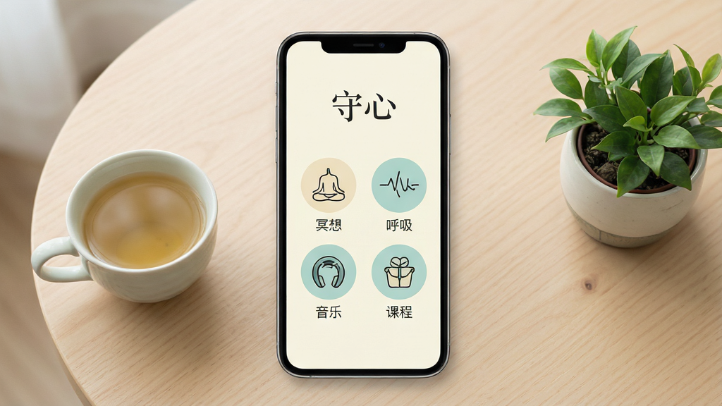 一幅竖版手机应用界面展示图,画面中央是一部现代智能手机,屏幕上显示着名为“守心”的App主页面,页面以米白色和淡青色为主色调,顶部有“守心”二字,下方排列着冥想、呼吸、音乐、课程四个圆形图标,图标风格为扁平化国风线条。手机背景是一张干净的原木桌面,旁边放着一杯清茶和一小盆绿植,整体布局居中对称。风格为清新简约的产品展示图,细节上要求屏幕内容清晰可见,文字无乱码,光线柔和自然。画质高清,画面干净,无多余元素。