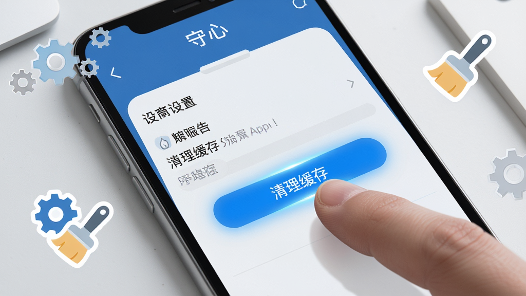 一张手机屏幕特写图,画面中手机显示“守心”App的设置页面,手指正在点击“清理缓存”按钮,屏幕周围有齿轮和刷子图标作为装饰。构图以手机和手指为焦点,背景为干净的浅灰色桌面。风格为写实科技风,细节上要求屏幕内容清晰,按钮高亮显示。画质高清,画面干净,无多余元素。