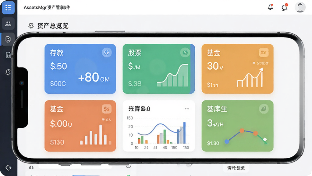 AssetsMgr资产管家软件主界面展示,画面中央是手机屏幕,屏幕内显示资产总览仪表盘,包含存款、股票、基金等分类卡片,布局整齐清晰,风格为现代简约扁平化设计,细节上带有数字和图表元素,画质高清干净无多余元素