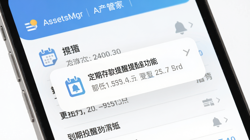 AssetsMgr资产管家定期存款提醒功能界面,画面展示手机屏幕内弹出到期提醒通知,背景是银行存款列表,风格清新浅色,细节包含日历图标和铃铛图标,画质清晰干净,无多余元素