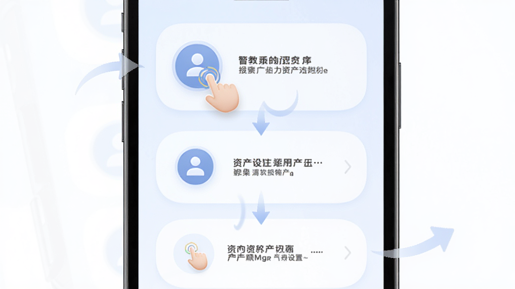 AssetsMgr资产管家使用教程示意图,画面展示手机屏幕内操作步骤引导页面,包含手指点击图标和设置选项,布局从上到下排列,风格柔和圆角,细节带有箭头指示和文字标签,画质高清干净无多余元素