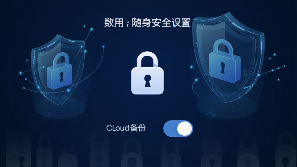 随身健康仪应用的数据安全设置页面,界面显示密码锁图标和云端备份开关,背景为深蓝色科技感风格,有盾牌和锁的抽象图形,整体干净简洁,画质清晰
