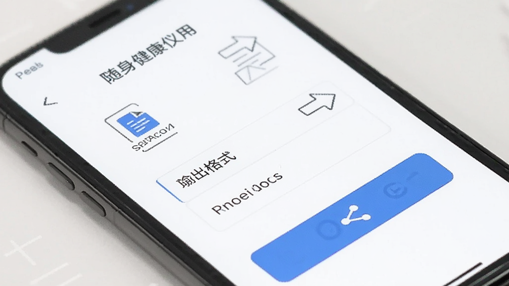 随身健康仪应用的数据导出页面,手机屏幕显示导出格式选项和分享按钮,背景为白色简洁风格,有文档图标和箭头元素,画面干净,画质清晰