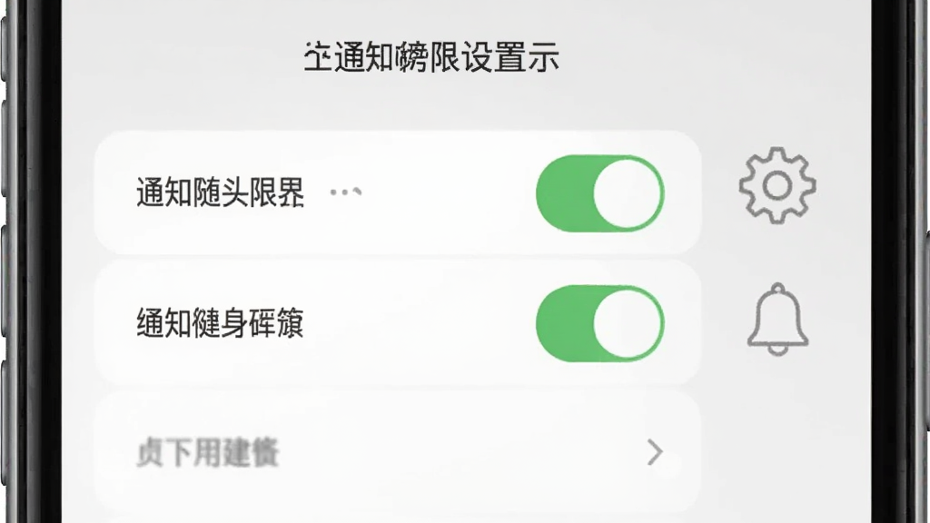 随身健康仪应用的通知权限设置界面示意图,手机屏幕显示权限开关列表,旁边有齿轮和铃铛图标,背景为浅灰色,风格简约,画质清晰,干净无多余元素
