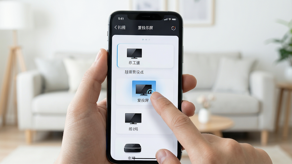 一张展示爱投屏一键快速连接功能的AI图片,画面中一只手拿着智能手机,手机屏幕上显示爱投屏的设备扫描列表界面,列表中显示多个电视设备名称与图标,手指正点击其中一个设备名称,背景为简洁的浅色客厅环境虚化处理,布局采用手持手机特写构图,手机占据画面主要位置,风格为写实科技风,细节包括手机界面文字清晰、设备图标精致、手指动作自然,画质高清、干净、无多余元素