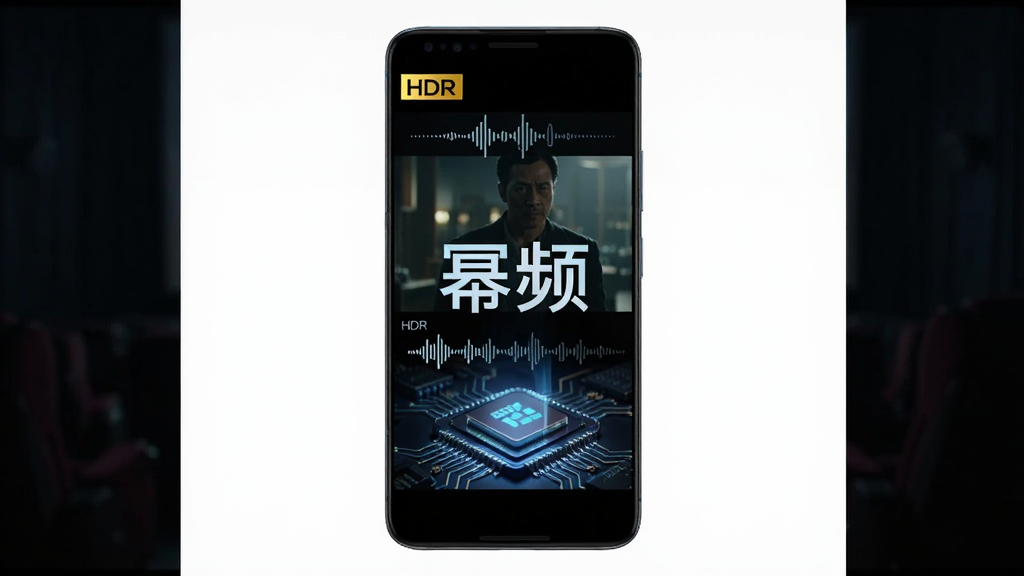 主体是一台安卓手机特写,屏幕中播放着高清电影画面,画面中央浮现“幂频”字样,布局为竖屏居中,排版简洁,风格为暗色影院氛围,细节包括HDR画质标签、音频波形、解码芯片光效,画质为超清,画面干净,无多余元素