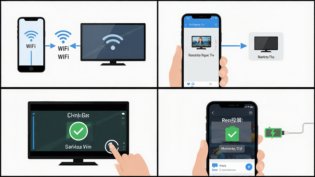 一张展示爱投屏新手操作步骤的AI图片,画面采用四格漫画式布局,左上角显示手机与电视连接同一WiFi的示意图,右上角显示手机搜索到电视设备的界面,左下角显示点击连接后投屏成功的画面,右下角显示投屏过程中手机充电的提示图标,整体风格为简洁明快的扁平化信息图,细节包括WiFi信号图标、设备连接线、成功对勾、充电标识等元素清晰可辨,画质高清、干净、无多余元素