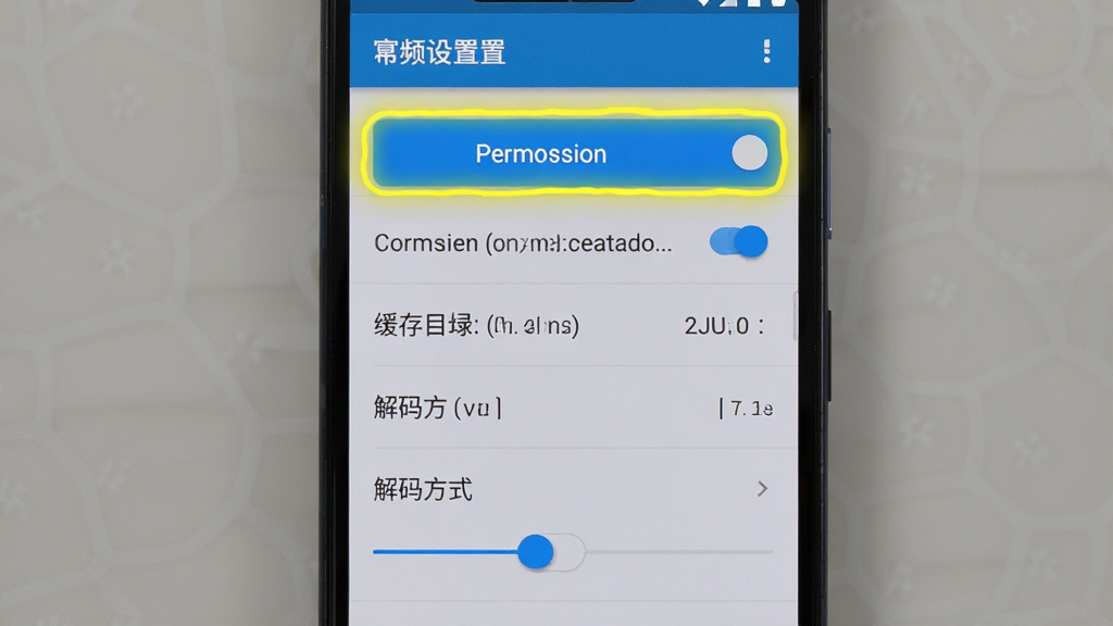 主体是安卓手机屏幕显示幂频设置界面,界面中包含权限开关、缓存目录、解码方式等选项,布局为竖屏列表式,排版清晰,风格为扁平化UI设计,细节包括高亮标注的权限按钮、存储路径文字、解码切换滑块,画质为高清,画面干净,无多余元素