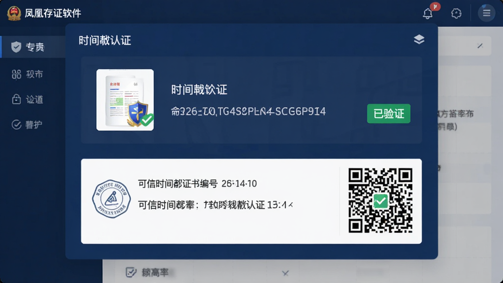 主体为凤凰存证软件界面中的时间戳认证弹窗,布局为上下结构,上半部分展示文件缩略图与哈希值字符串,下半部分显示可信时间戳证书编号与验证二维码;排版整齐,风格为商务严谨的深蓝色调,细节包括盾牌图标、数字签名印章、绿色“已验证”标签;画质高清,干净,无多余元素。